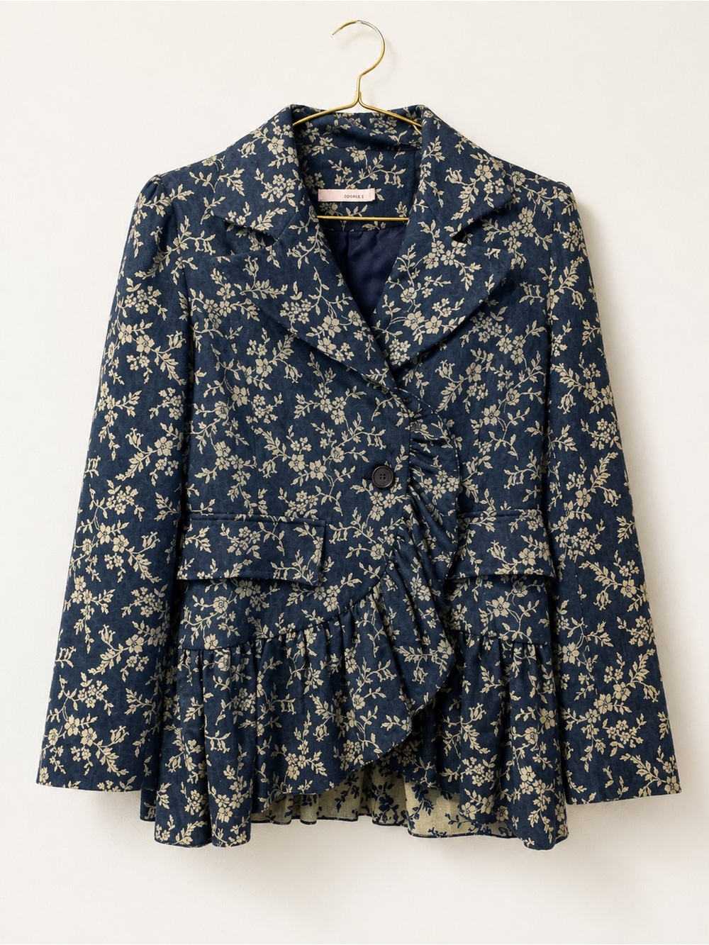 Double E Navy Floral Jacquard Peplum Ruffle Blazer Jacket M